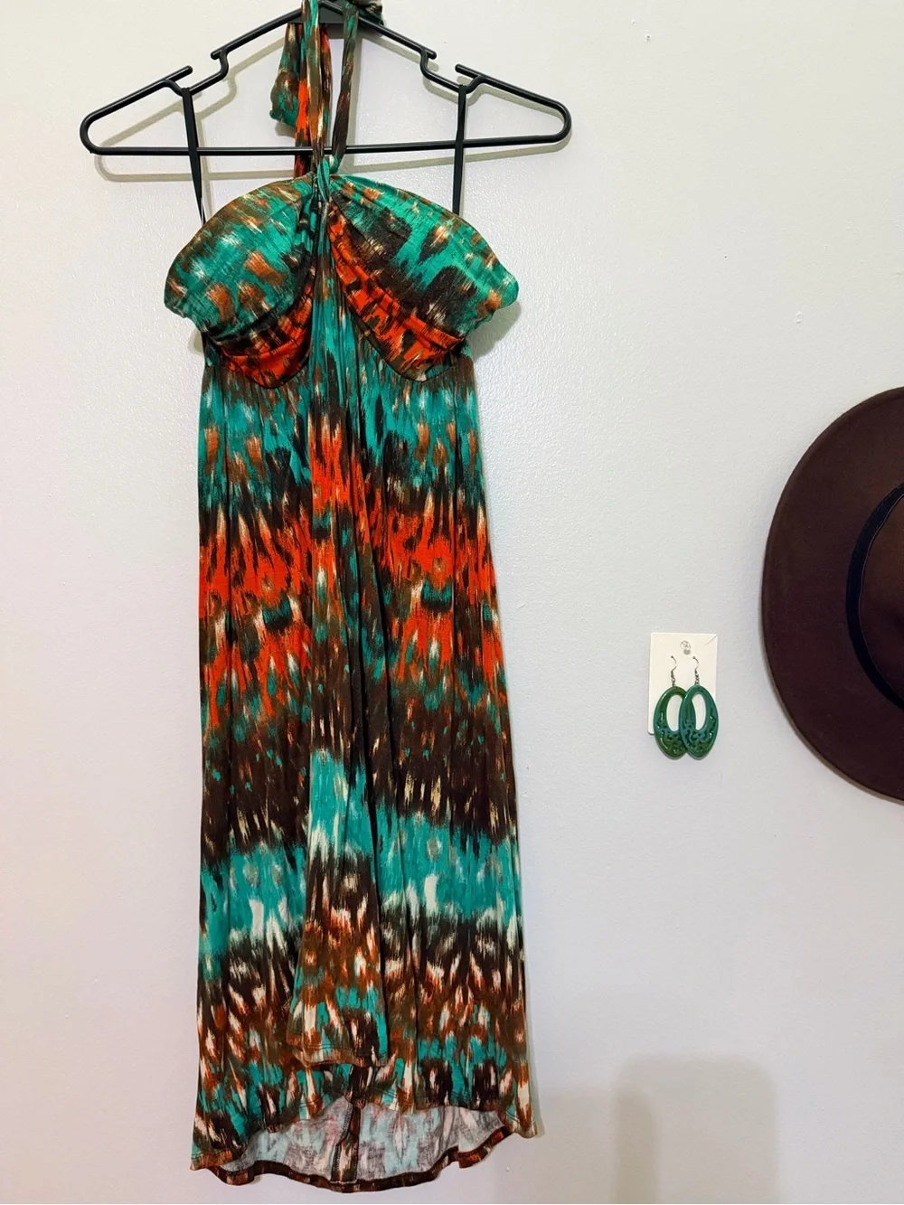 Alyx Teal, Orange and Brown Patterned Halter Dress